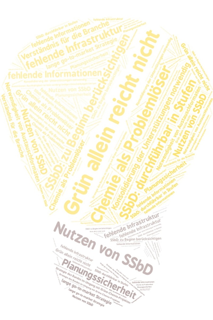 Feedback zur Frage: Was sind Ihre Take-Home-Messages? Feedback der Teilnehmenen zu den Take-Home-Messages. Es wurden genannt: Grün allein reicht nicht, Planungssicherheit ist wichtig, Nutzen von SSbD, SSbD ist in Stufen durchführbar.