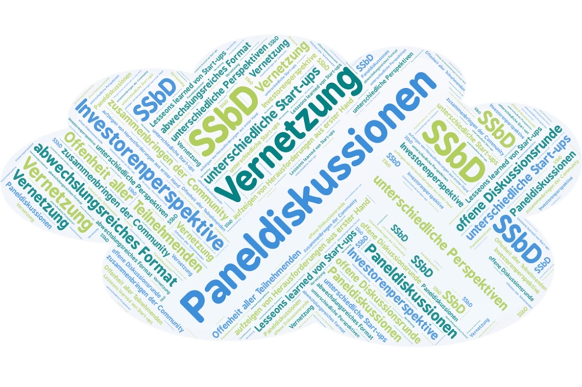 Feedback zur Frage: Was war super an der Veranstaltung? Feedback der Teilnehmenden in Form einer Wortwolke: Auf die Frage was den Teilnehmenden gefallen habe wurde geantwortet: Vernetzung, Paneldiskussionen, SSbD, unterschiedliche Perspektiven.